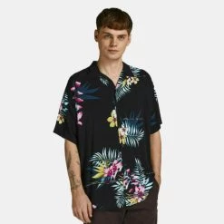 Εξοδος ❤️ Κοντομάνικα Πουκάμισα Jack & Jones Tropical Ανδρικό Κοντομάνικο Πουκάμισο Black 🤩