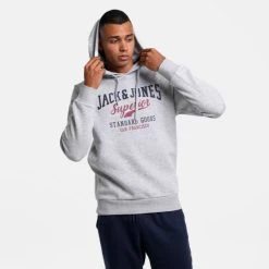 Flash Sale ⭐ Μπλούζες με Κουκούλα Jack & Jones Sweat Ανδρική Μπλούζα με Κουκούλα LIGHT GREY MELANGE ❤️