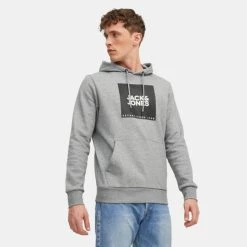 Ολοκαίνουργιο 😉 Μπλούζες με Κουκούλα Jack & Jones Ανδρική Μπλούζα με Κουκούλα LIGHT GREY MELANGE 💯