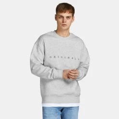 Νέος 🎁 Φούτερ Jack & Jones Ανδρική Μπλούζα Φούτερ WHITE MELANGE 🔥